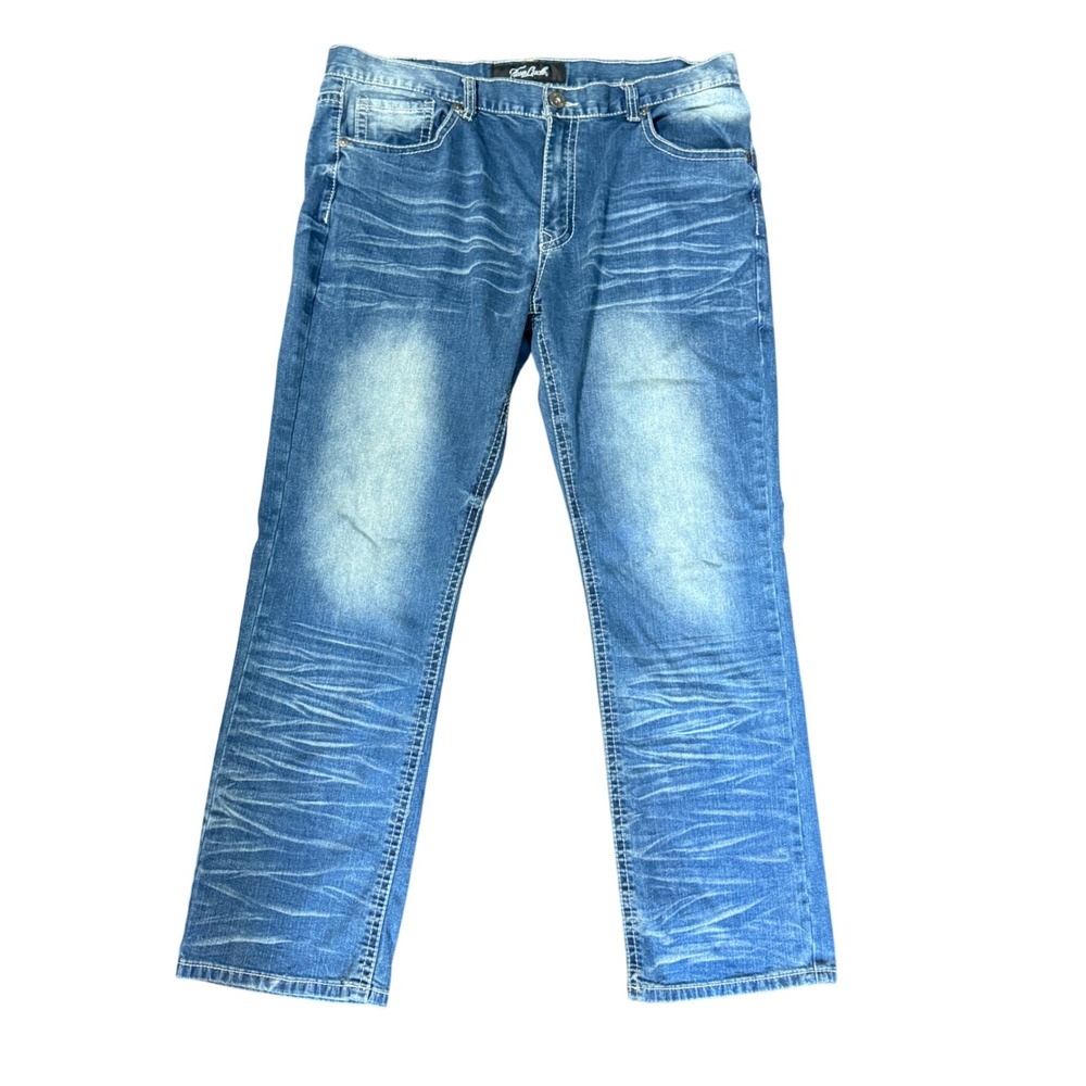 True Luck Mens Straight Leg Jeans 38x32 Medium Wash Whiskered Stretch Denim